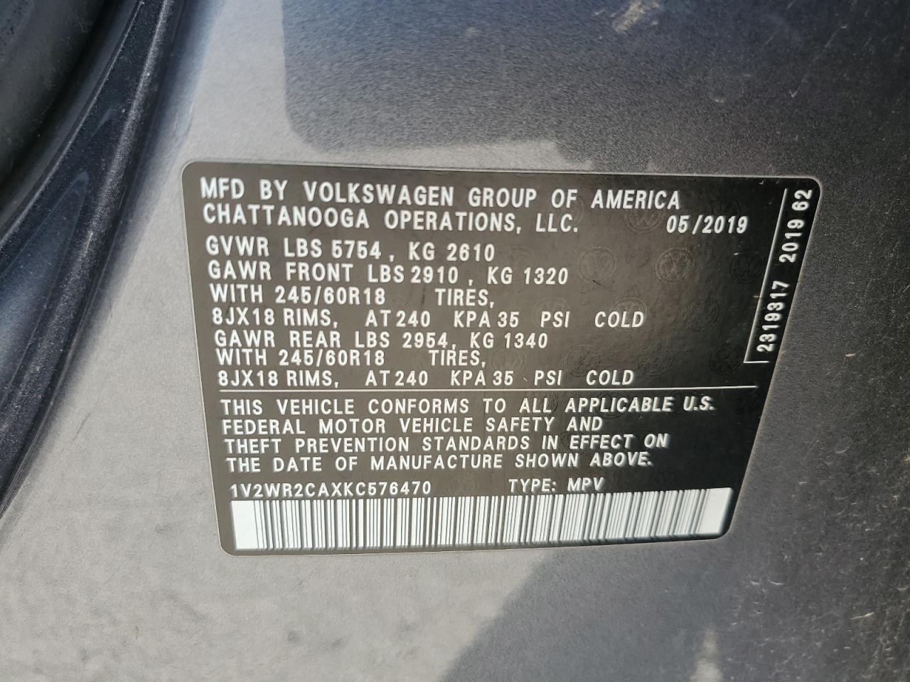 2019 Volkswagen Atlas VIN 1V2WR2CAXKC576470 Copart auction photo, front end / minor dent/scratches damage thumbnail 14