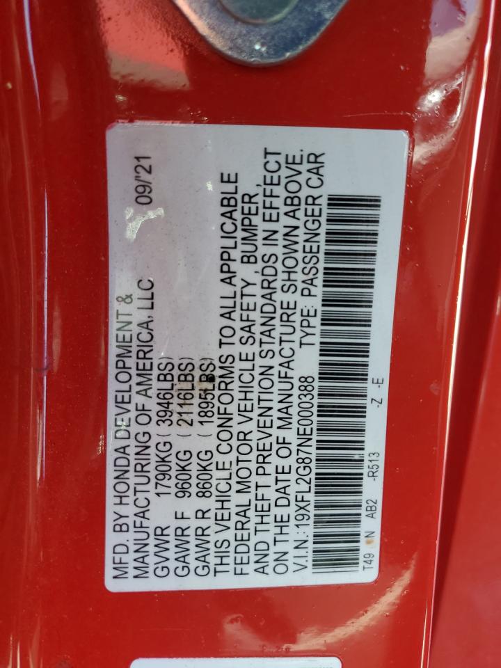 2022 Honda Civic VIN 19XFL2G87NE000388 Copart auction photo, front end damage thumbnail 15