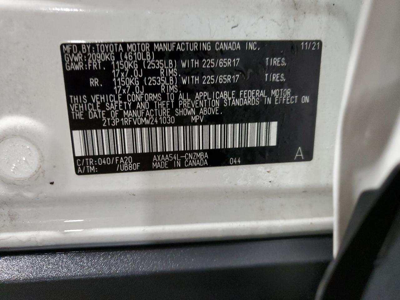 2021 Toyota RAV 4 VIN 2T3P1RFV0MW241030 Copart auction photo, front end / rear end damage thumbnail 14