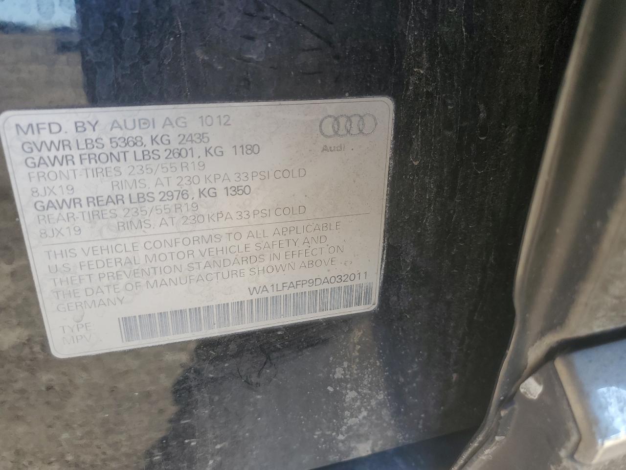 2013 Audi Q5 VIN WA1LFAFP9DA032011 Copart auction photo, normal wear damage thumbnail 13