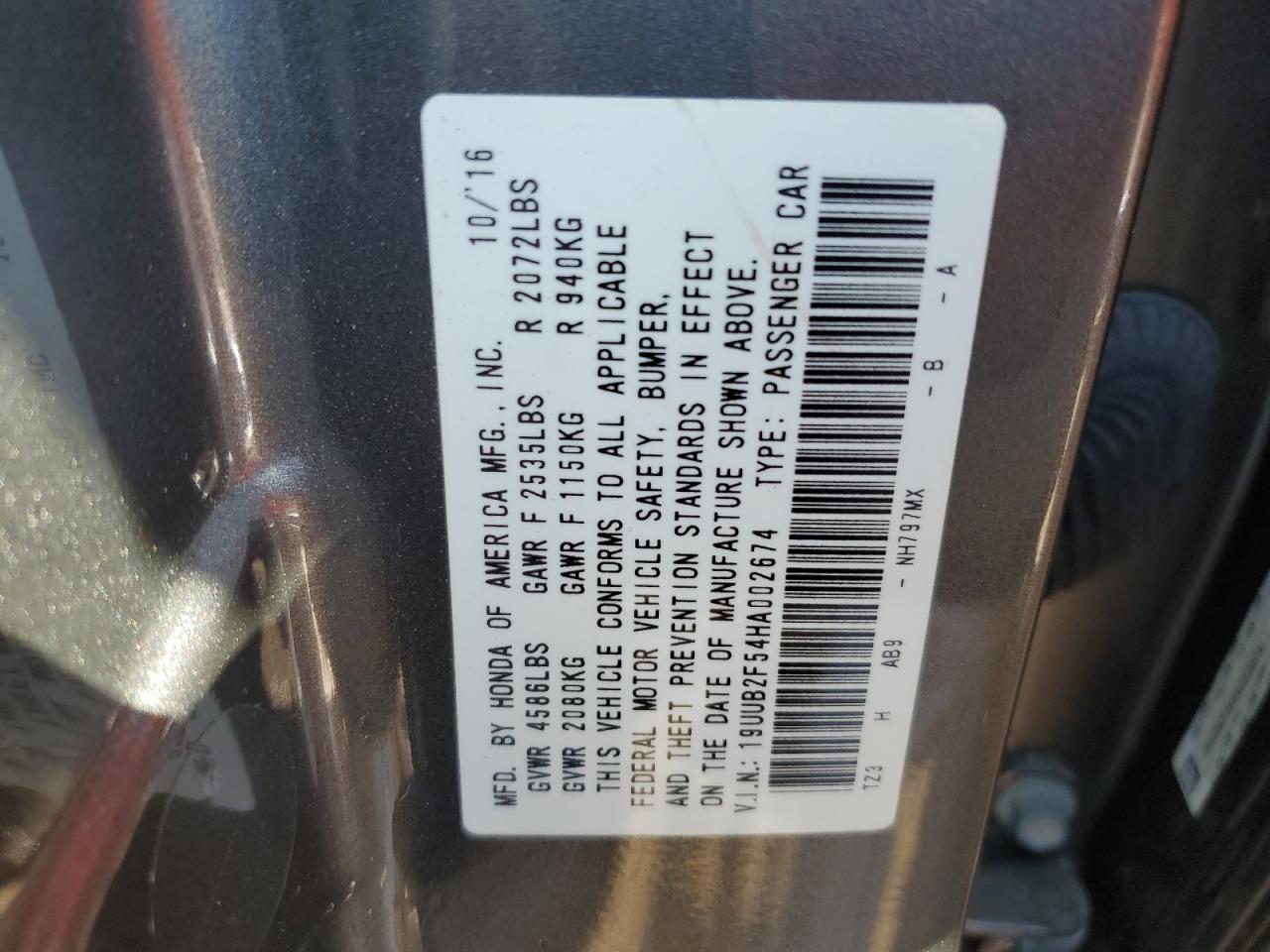 2017 Acura TLX VIN 19UUB2F54HA002674 Copart auction photo, rear end damage thumbnail 12