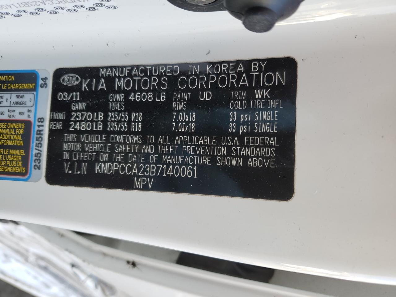 2011 KIA Sportage VIN KNDPCCA23B7140061 Copart auction photo, side / front end damage thumbnail 12