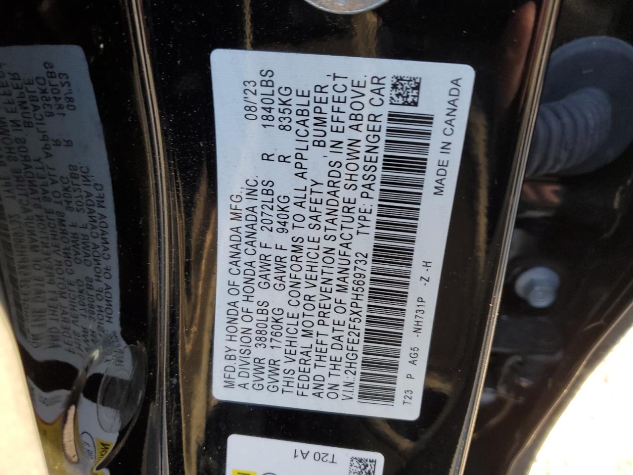 2023 Honda Civic VIN 2HGFE2F5XPH569732 Copart auction photo, front end / side damage thumbnail 12