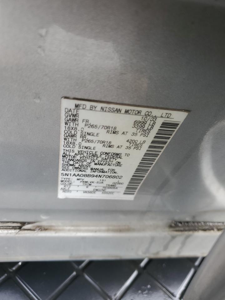 2004 Nissan Armada VIN 5N1AA08B94N706802 Copart auction photo, front end / minor dent/scratches damage thumbnail 15