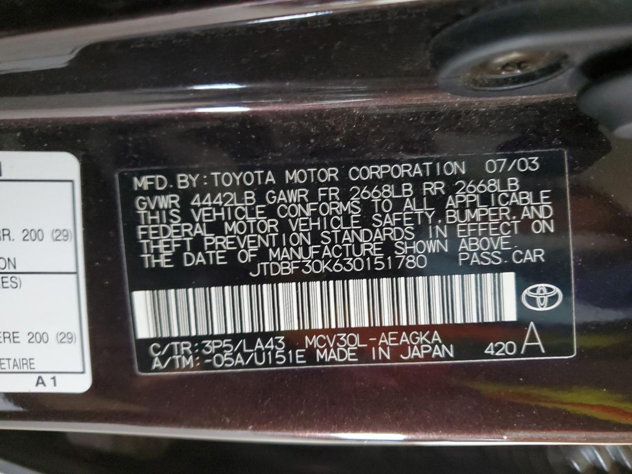 2003 Toyota Camry VIN JTDBF30K630151780 Copart auction photo, rear end / front end damage thumbnail 12