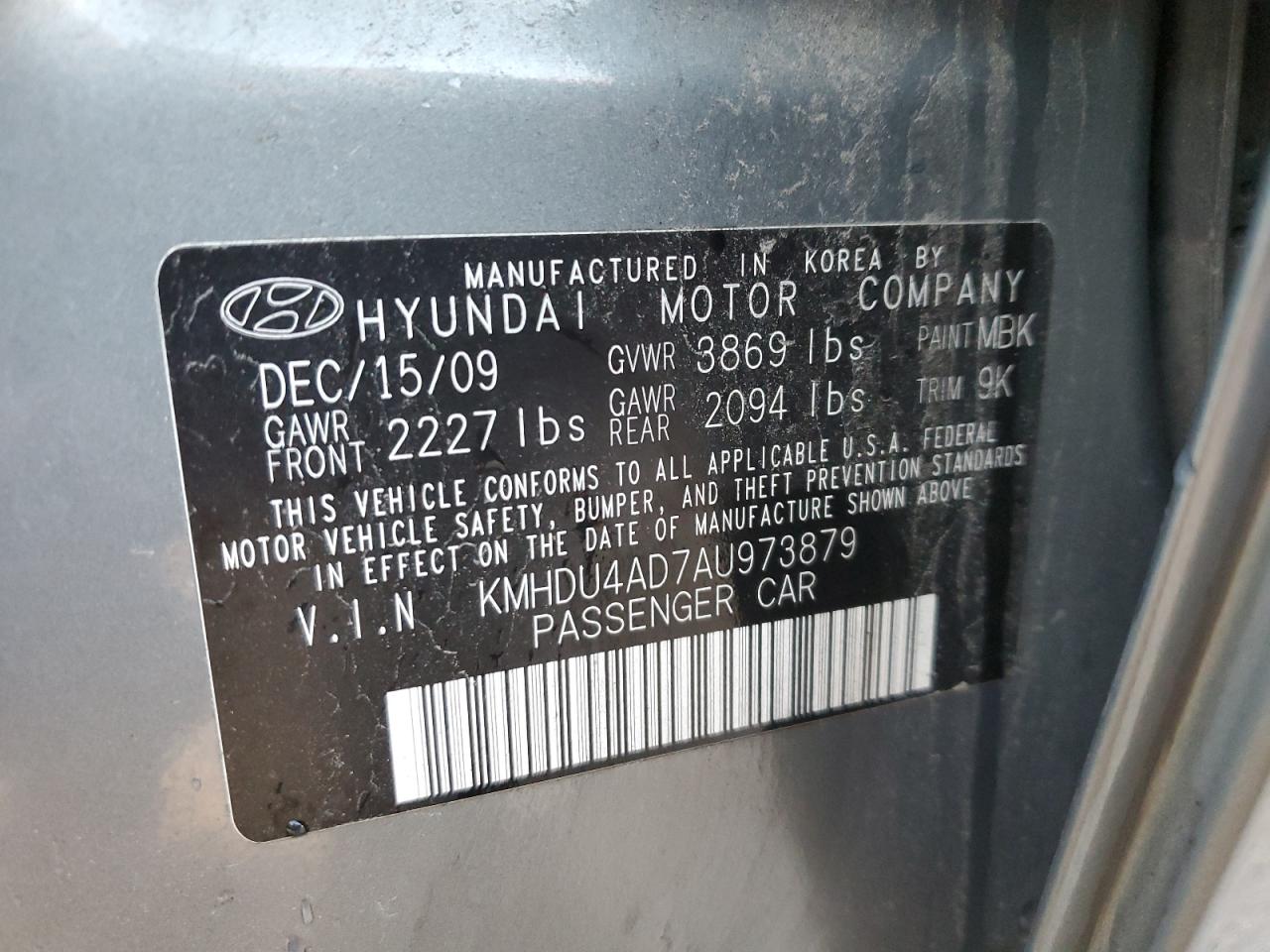 2010 Hyundai Elantra VIN KMHDU4AD7AU973879 Copart auction photo, front end damage thumbnail 12