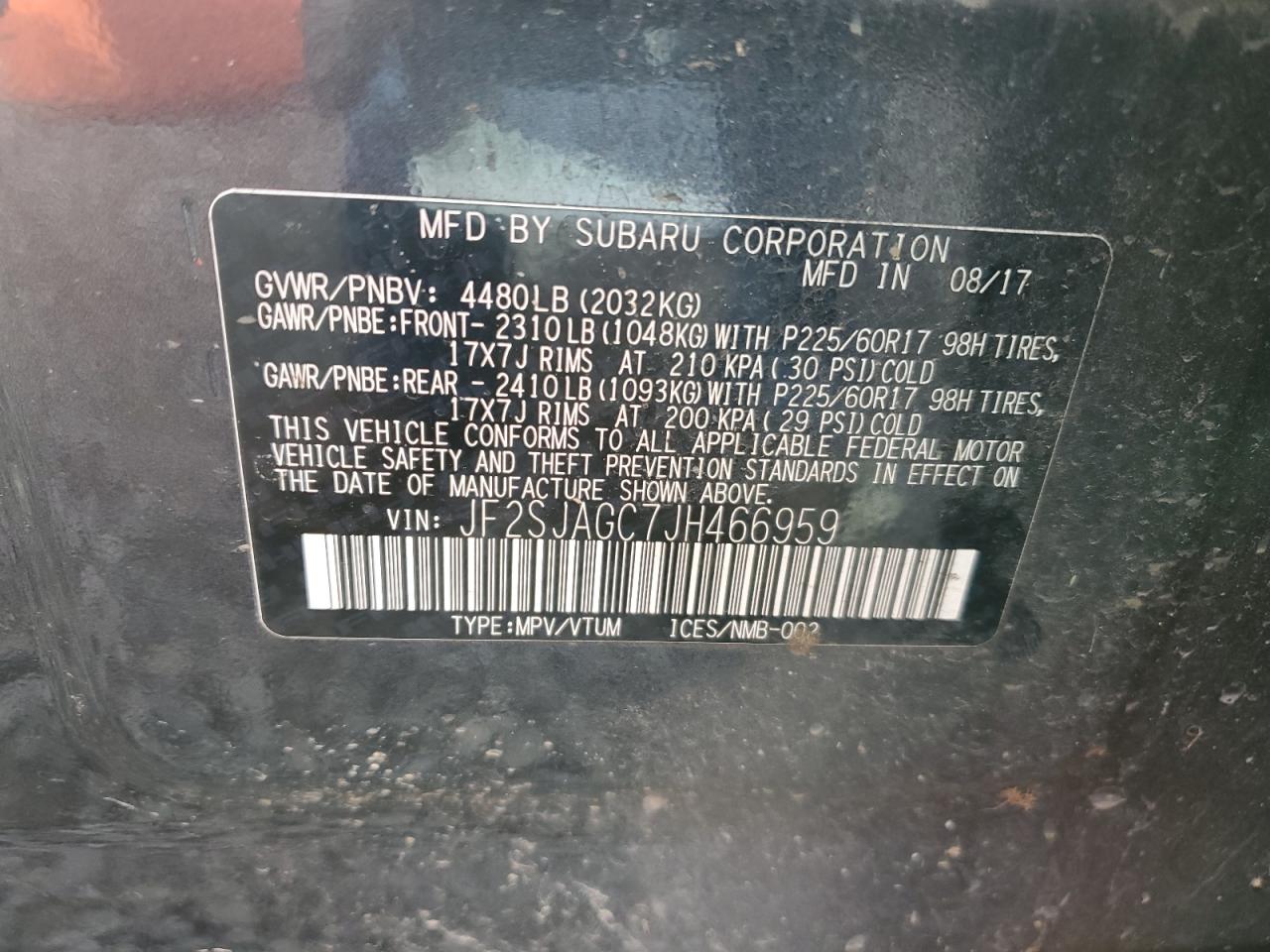 2018 Subaru Forester VIN JF2SJAGC7JH466959 Copart auction photo, side / front end damage thumbnail 13