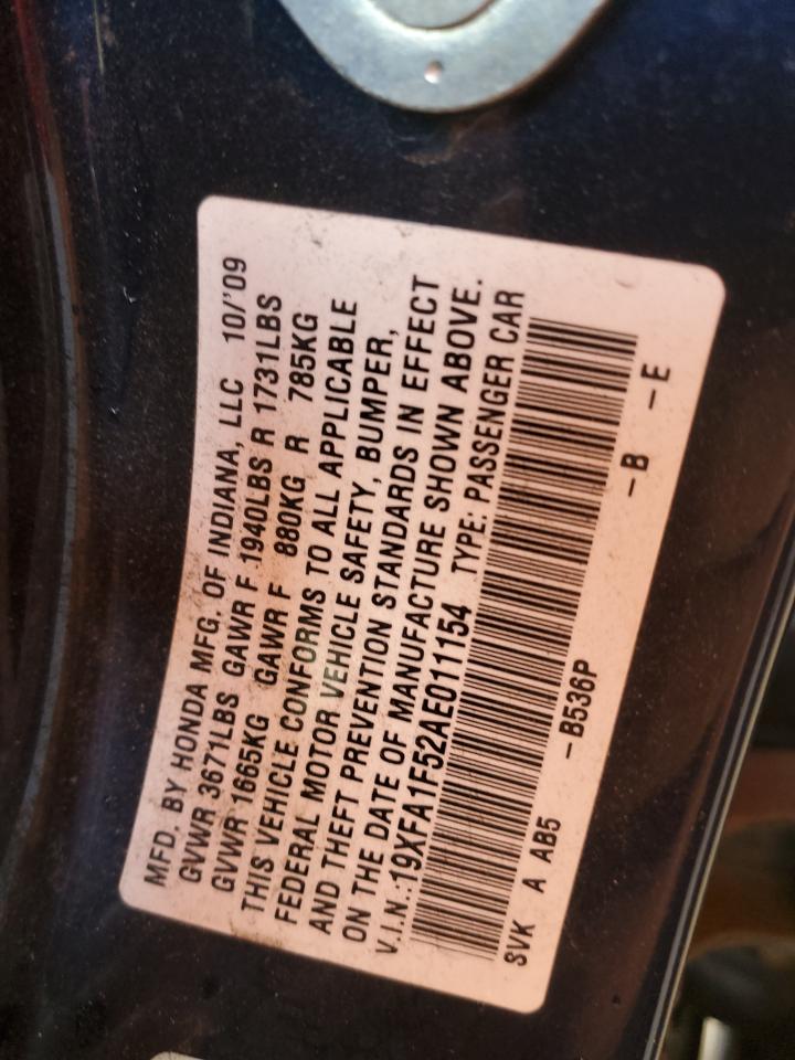 2010 Honda Civic VIN 19XFA1F52AE011154 Copart auction photo, front end damage thumbnail 14