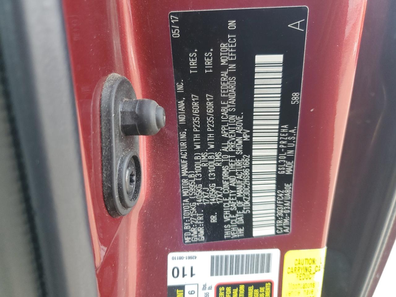 2017 Toyota Sienna VIN 5TDKZ3DC2HS861662 Copart auction photo, all over damage thumbnail 14