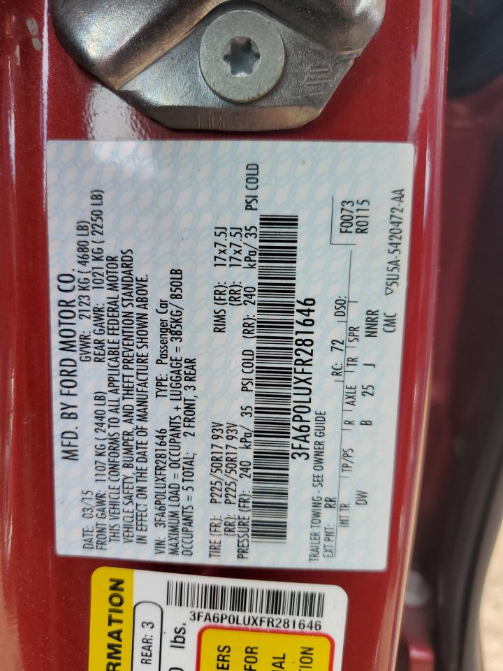 2015 Ford Fusion VIN 3FA6P0LUXFR281646 Copart auction photo, front end / side damage thumbnail 12