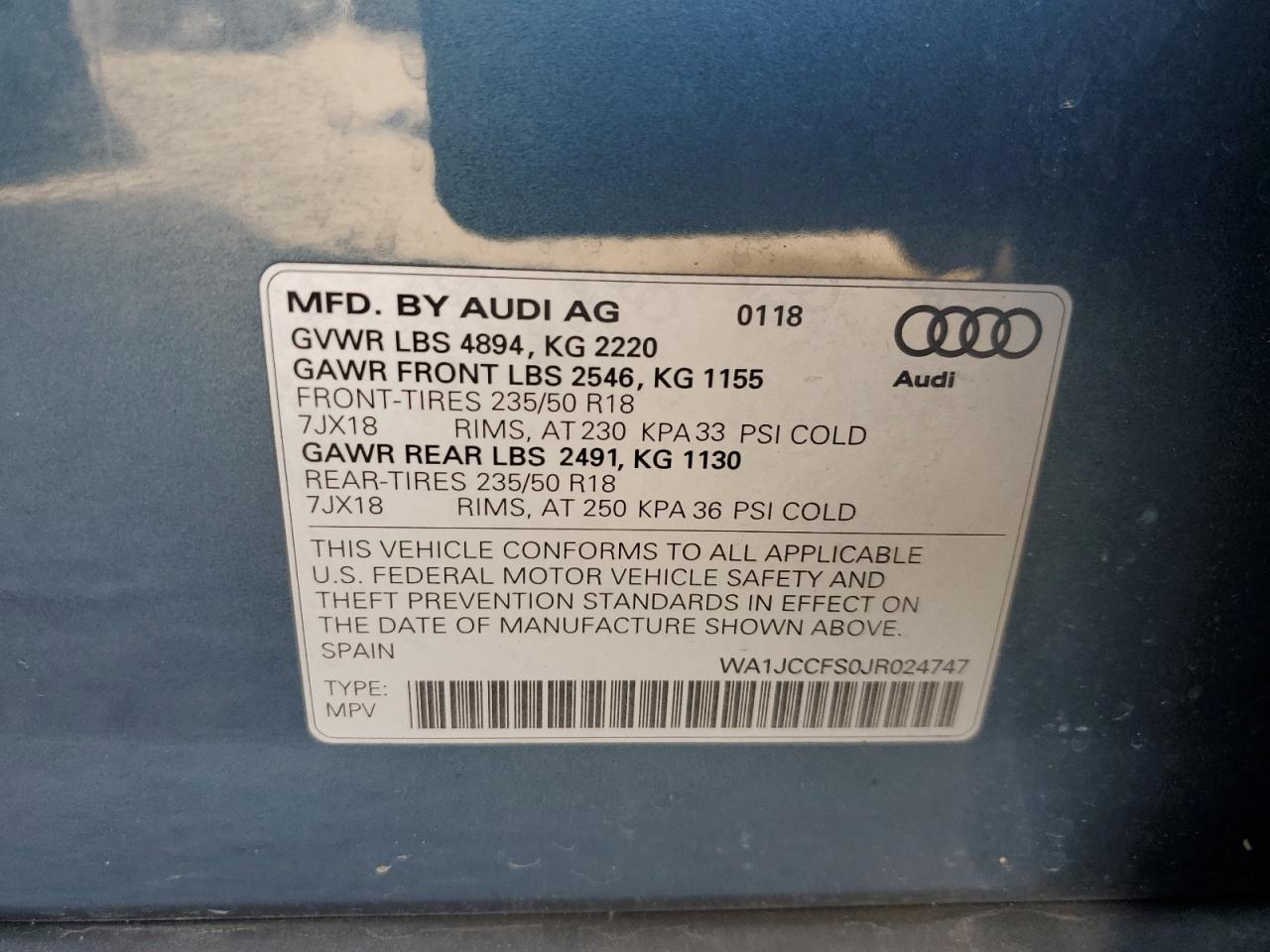 2018 Audi Q3 VIN WA1JCCFS0JR024747 Copart auction photo, front end / minor dent/scratches damage thumbnail 13