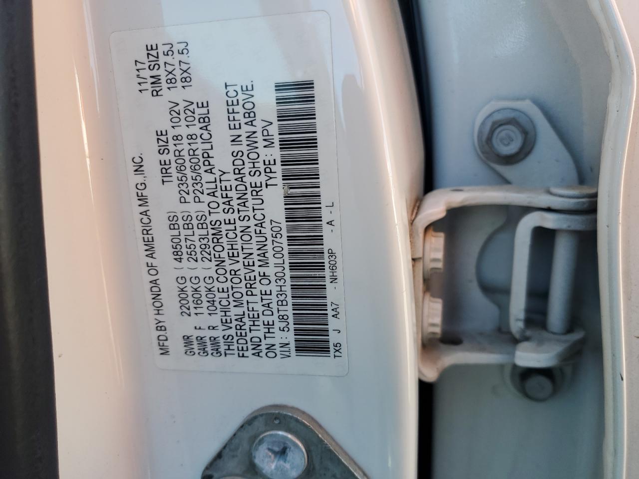 2018 Acura RDX VIN 5J8TB3H30JL007507 Copart auction photo, front end damage thumbnail 12