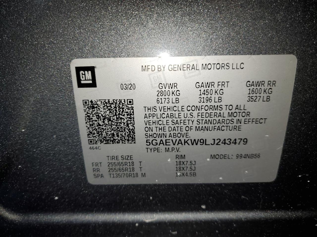 2020 Buick Enclave VIN 5GAEVAKW9LJ243479 Copart auction photo, rear end damage thumbnail 13