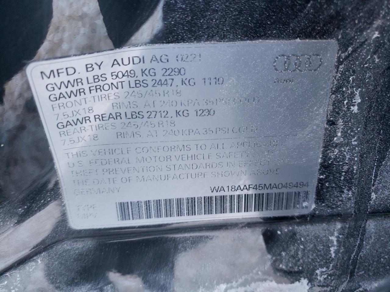 2021 Audi A4 VIN WA18AAF45MA049494 Copart auction photo, front end / side damage thumbnail 13