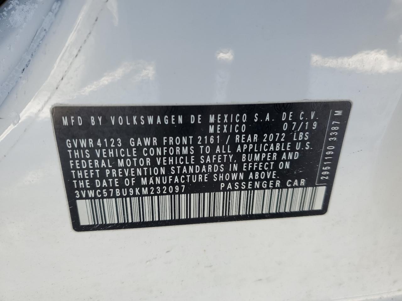 2019 Volkswagen Jetta VIN 3VWC57BU9KM232097 Copart auction photo, front end damage thumbnail 12