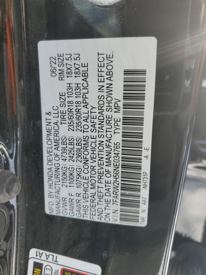 2022 Honda CR-V VIN 7FARW2H56NE034765 Copart auction photo, rear end / side damage thumbnail 13