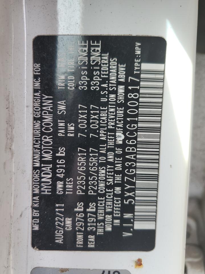 2012 Hyundai Santa Fe VIN 5XYZG3AB6CG100817 Copart auction photo, front end / side damage thumbnail 15