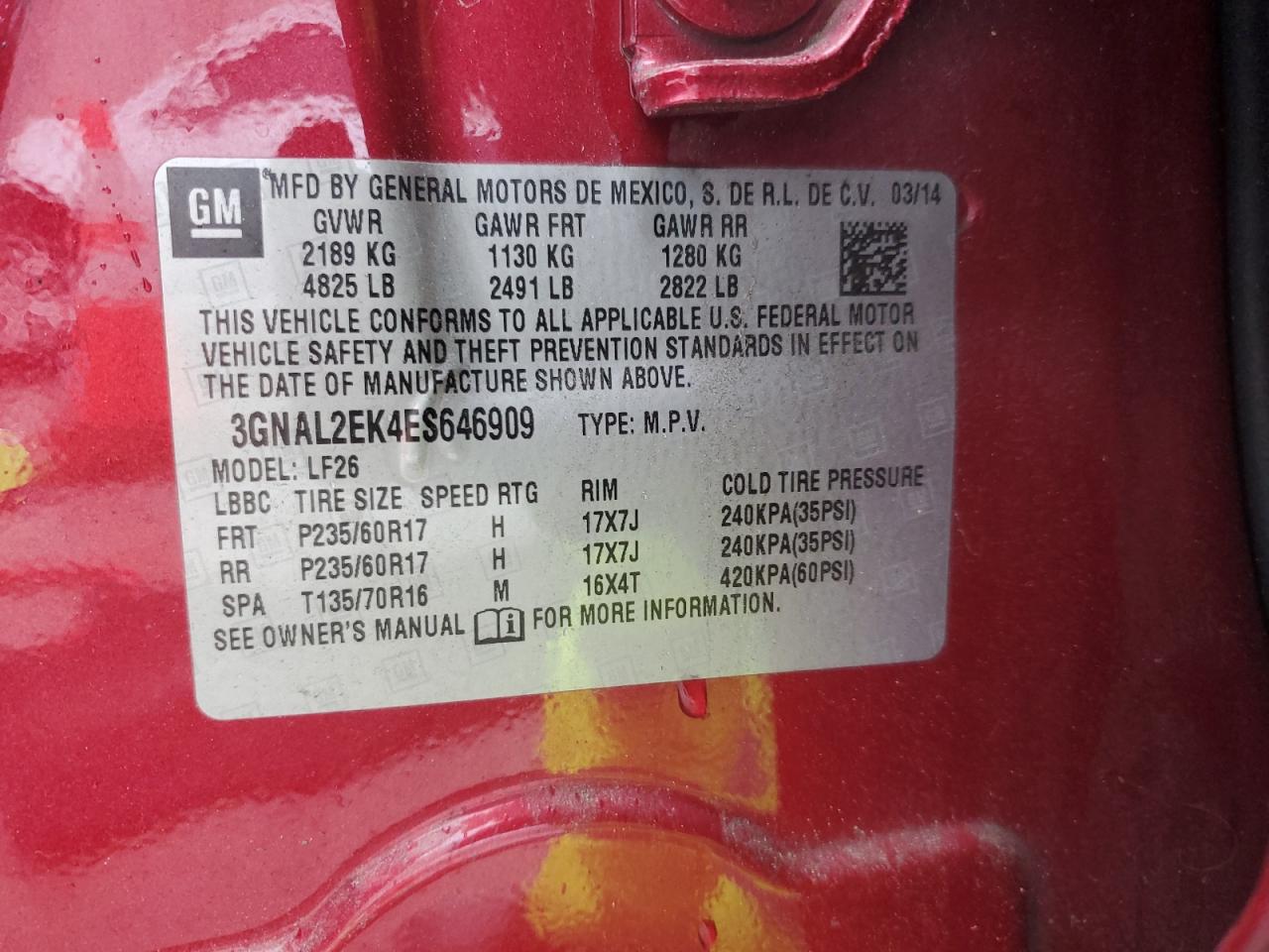 2014 Chevrolet Captiva VIN 3GNAL2EK4ES646909 Copart auction photo, front end damage thumbnail 13