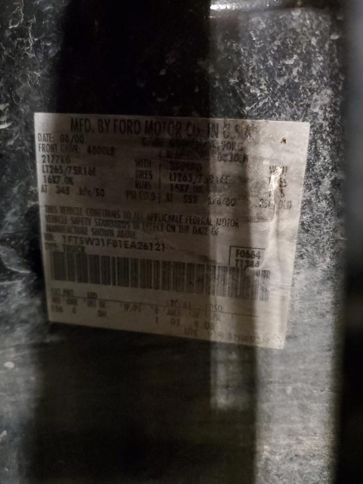 2001 Ford F350 VIN 1FTSW31F81EA26121 Copart auction photo, all over damage thumbnail 13