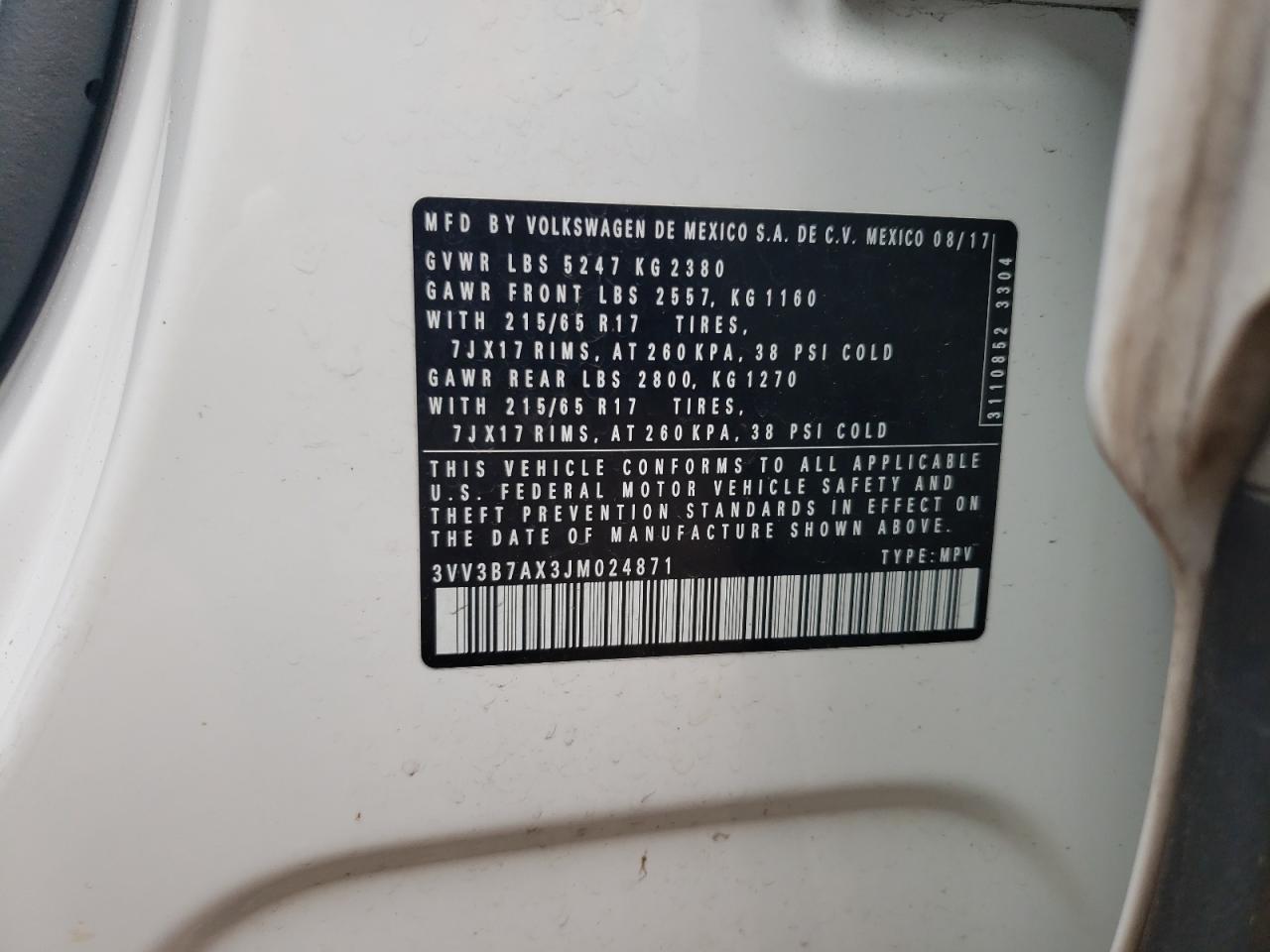 2018 Volkswagen Tiguan VIN 3VV3B7AX3JM024871 Copart auction photo, rear end damage thumbnail 13