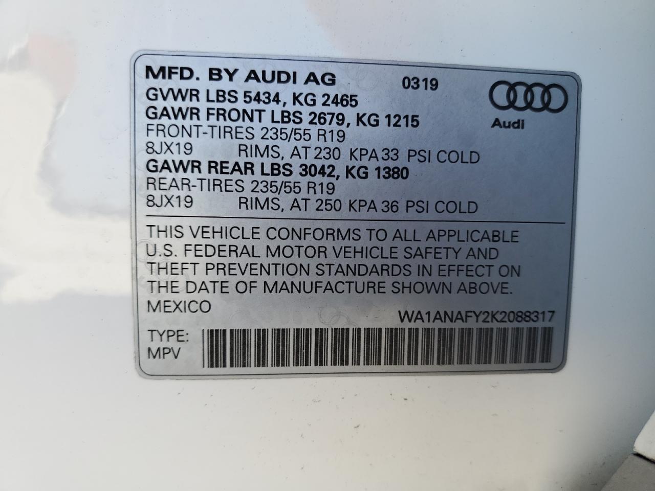 2019 Audi Q5 VIN WA1ANAFY2K2088317 Copart auction photo, front end damage thumbnail 14