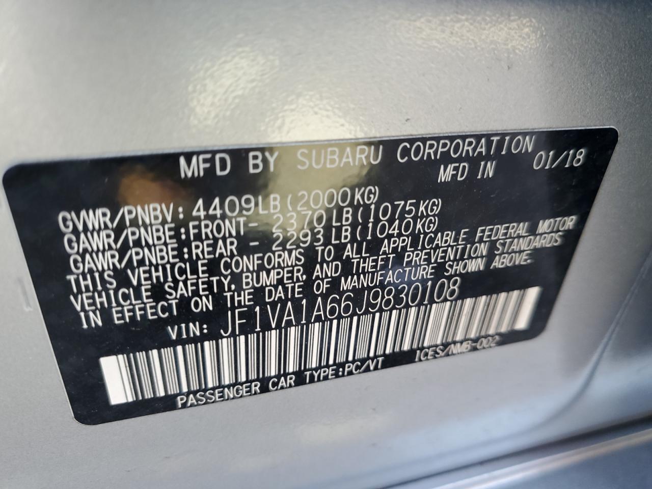 2018 Subaru WRX VIN JF1VA1A66J9830108 Copart auction photo, front end damage thumbnail 13