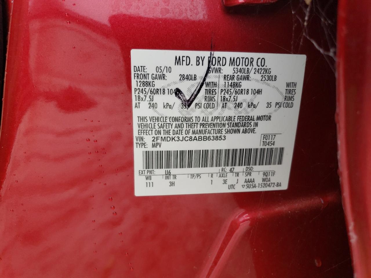 2010 Ford Edge VIN 2FMDK3JC8ABB63853 Copart auction photo, minor dent/scratches damage thumbnail 13