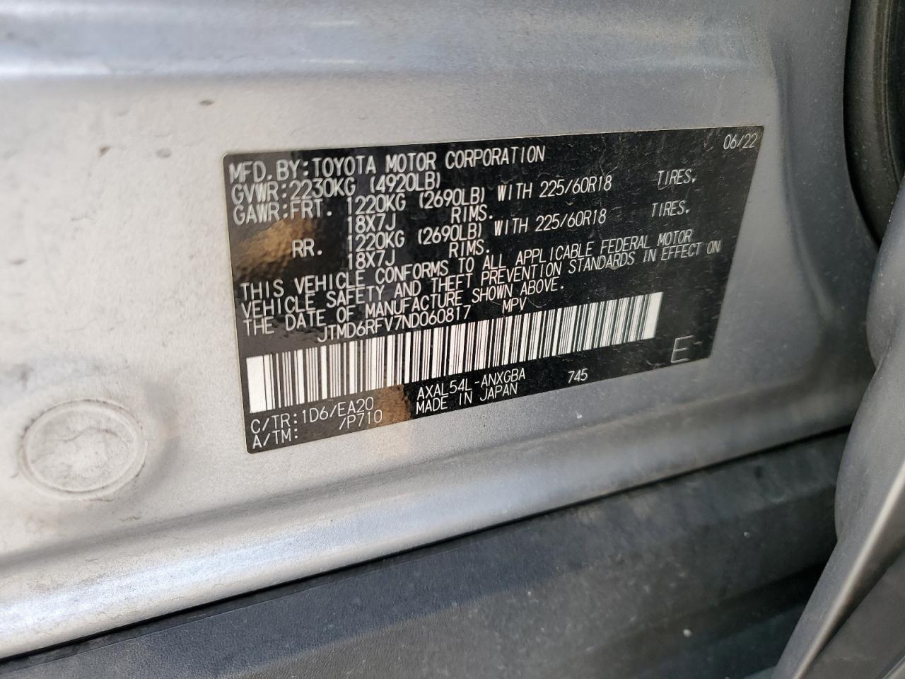 2022 Toyota RAV 4 VIN JTMD6RFV7ND060817 Copart auction photo, front end damage thumbnail 15
