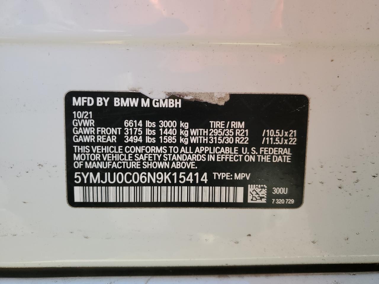 2022 BMW X5 VIN 5YMJU0C06N9K15414 Copart auction photo, front end / mechanical damage thumbnail 15