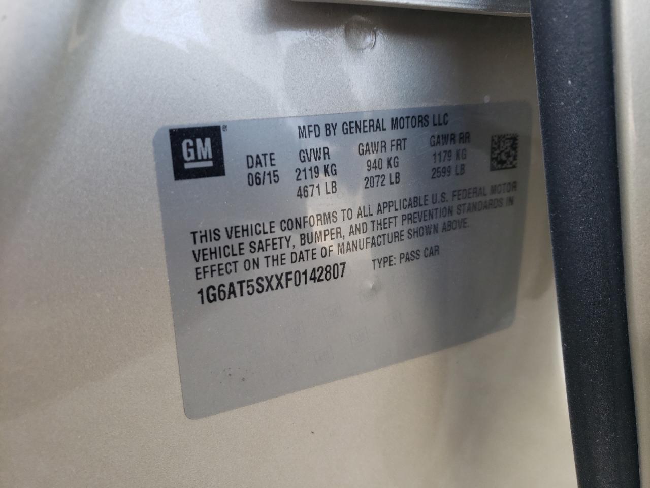 2015 Cadillac CTS VIN 1G6AT5SXXF0142807 Copart auction photo, rollover damage thumbnail 14