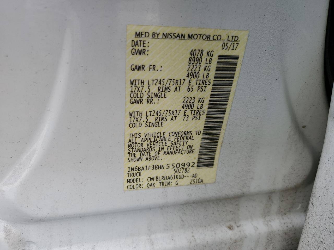 2017 Nissan Titan VIN 1N6BA1F38HN550992 Copart auction photo, rear end / side damage thumbnail 12