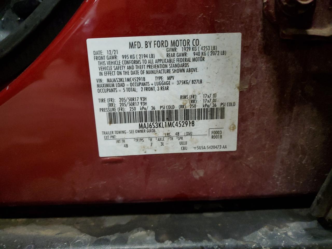 2021 Ford EcoSport VIN MAJ6S3KL1MC452918 Copart auction photo, front end / mechanical damage thumbnail 13