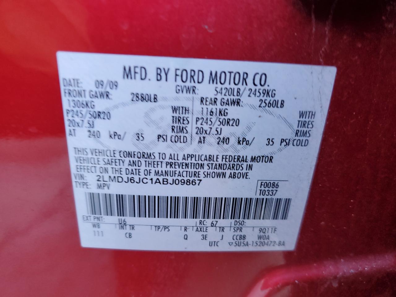 2010 Lincoln MKX VIN 2LMDJ6JC1ABJ09867 Copart auction photo, front end damage thumbnail 13