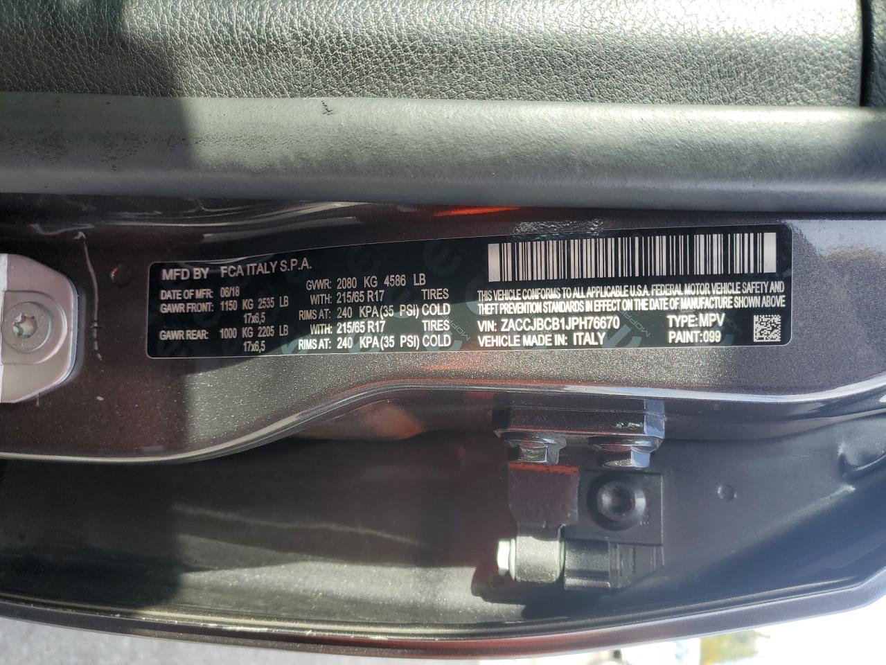 2018 Jeep Renegade VIN ZACCJBCB1JPH76670 Copart auction photo, front end damage thumbnail 13