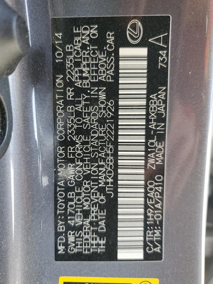 2015 Lexus CT VIN JTHKD5BH5F2221926 Copart auction photo, front end / side damage thumbnail 12
