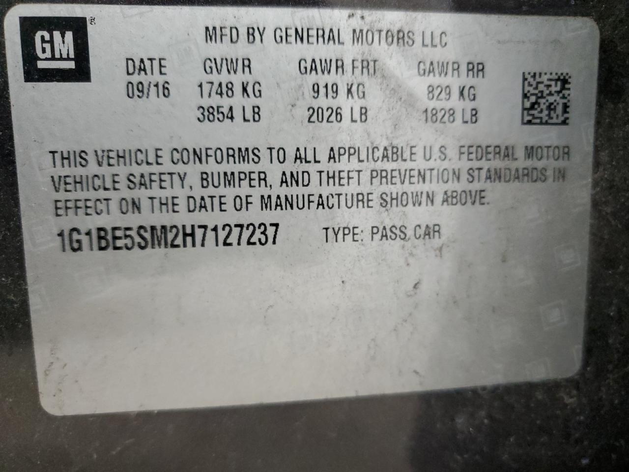 2017 Chevrolet Cruze VIN 1G1BE5SM2H7127237 Copart auction photo, front end / minor dent/scratches damage thumbnail 12