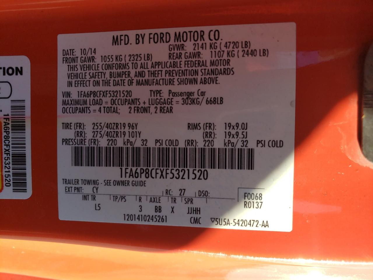 2015 Ford Mustang VIN 1FA6P8CFXF5321520 Copart auction photo, front end / side damage thumbnail 14