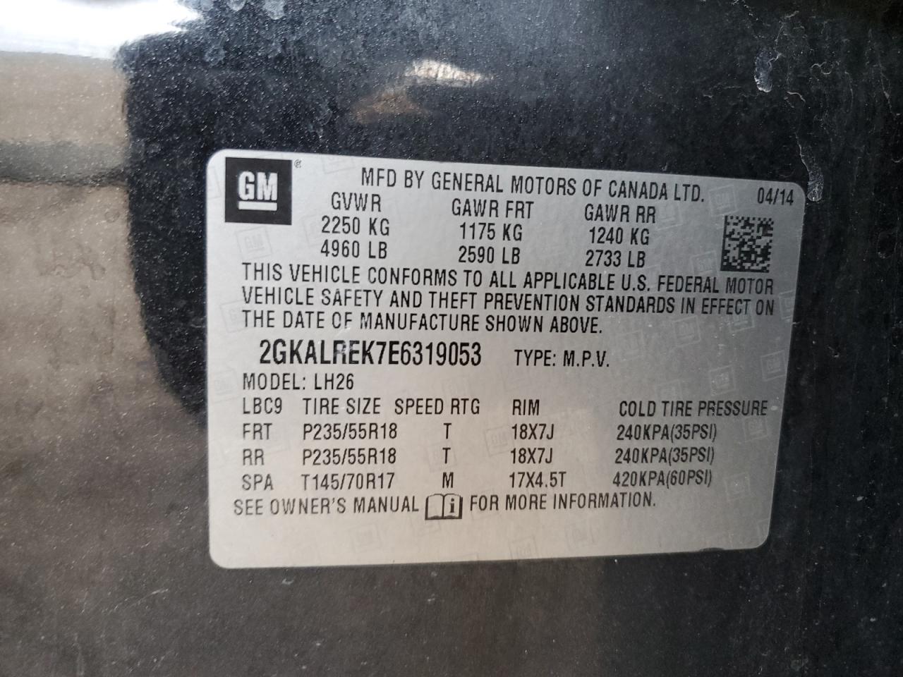 2014 GMC Terrain VIN 2GKALREK7E6319053 Copart auction photo, front end / hail damage thumbnail 15