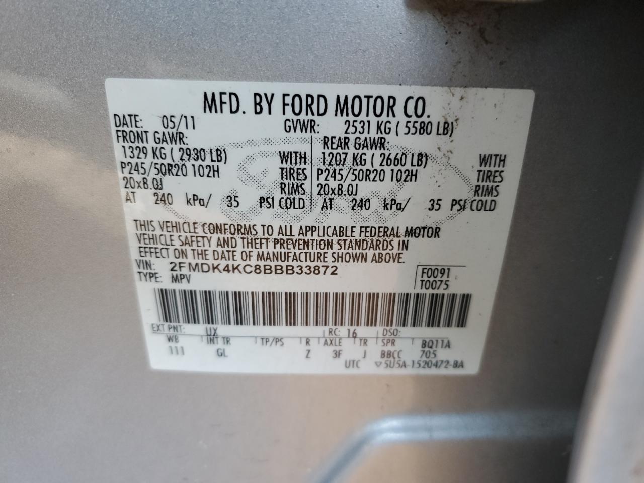 2011 Ford Edge VIN 2FMDK4KC8BBB33872 Copart auction photo, front end damage thumbnail 14