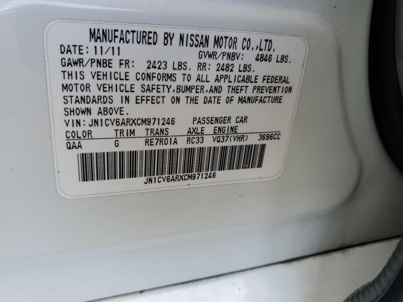 2012 Infiniti G VIN JN1CV6ARXCM971246 Copart auction photo, rear end / side damage thumbnail 12