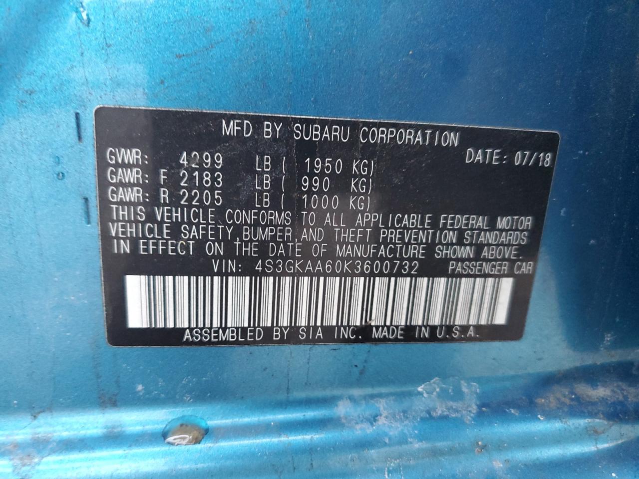 2019 Subaru Impreza VIN 4S3GKAA60K3600732 Copart auction photo, front end damage thumbnail 13
