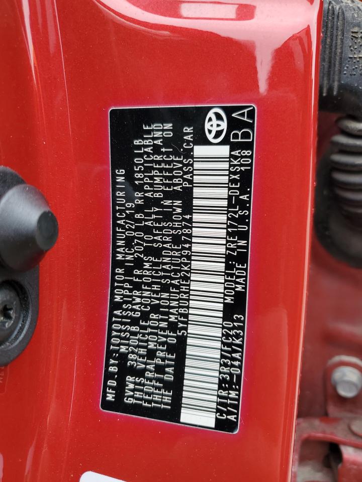 2019 Toyota Corolla VIN 5YFBURHE2KP947874 Copart auction photo, front end damage thumbnail 13