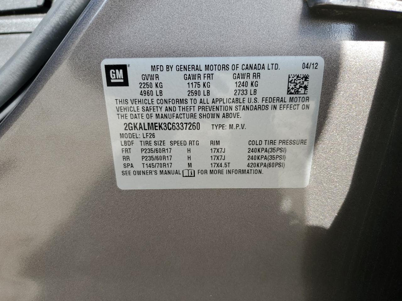 2012 GMC Terrain VIN 2GKALMEK3C6337260 Copart auction photo, front end / mechanical damage thumbnail 15