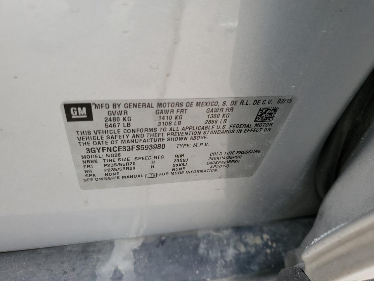 2015 Cadillac SRX VIN 3GYFNCE33FS593980 Copart auction photo, front end damage thumbnail 13