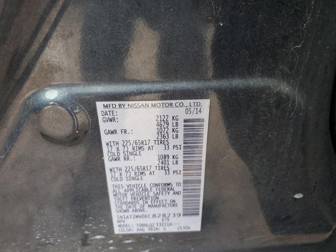 2014 Nissan Rogue VIN 5N1AT2MV0EC828239 Copart auction photo, front end / side damage thumbnail 12