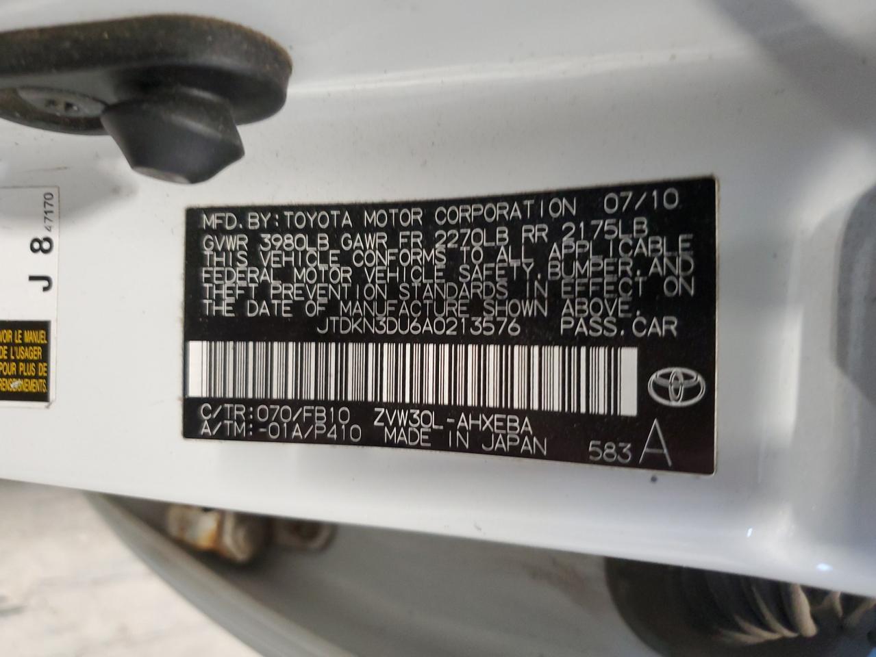 2010 Toyota Prius VIN JTDKN3DU6A0213576 Copart auction photo, front end / rear end damage thumbnail 14