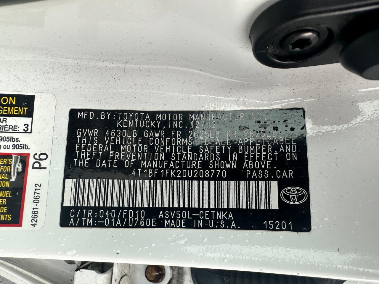 2013 Toyota Camry VIN 4T1BF1FK2DU208770 Copart auction photo, minor dent/scratches / normal wear damage thumbnail 10