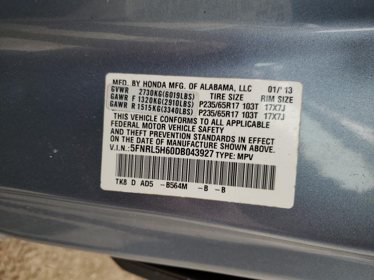 2013 Honda Odyssey VIN 5FNRL5H60DB043927 Copart auction photo, front end damage thumbnail 14