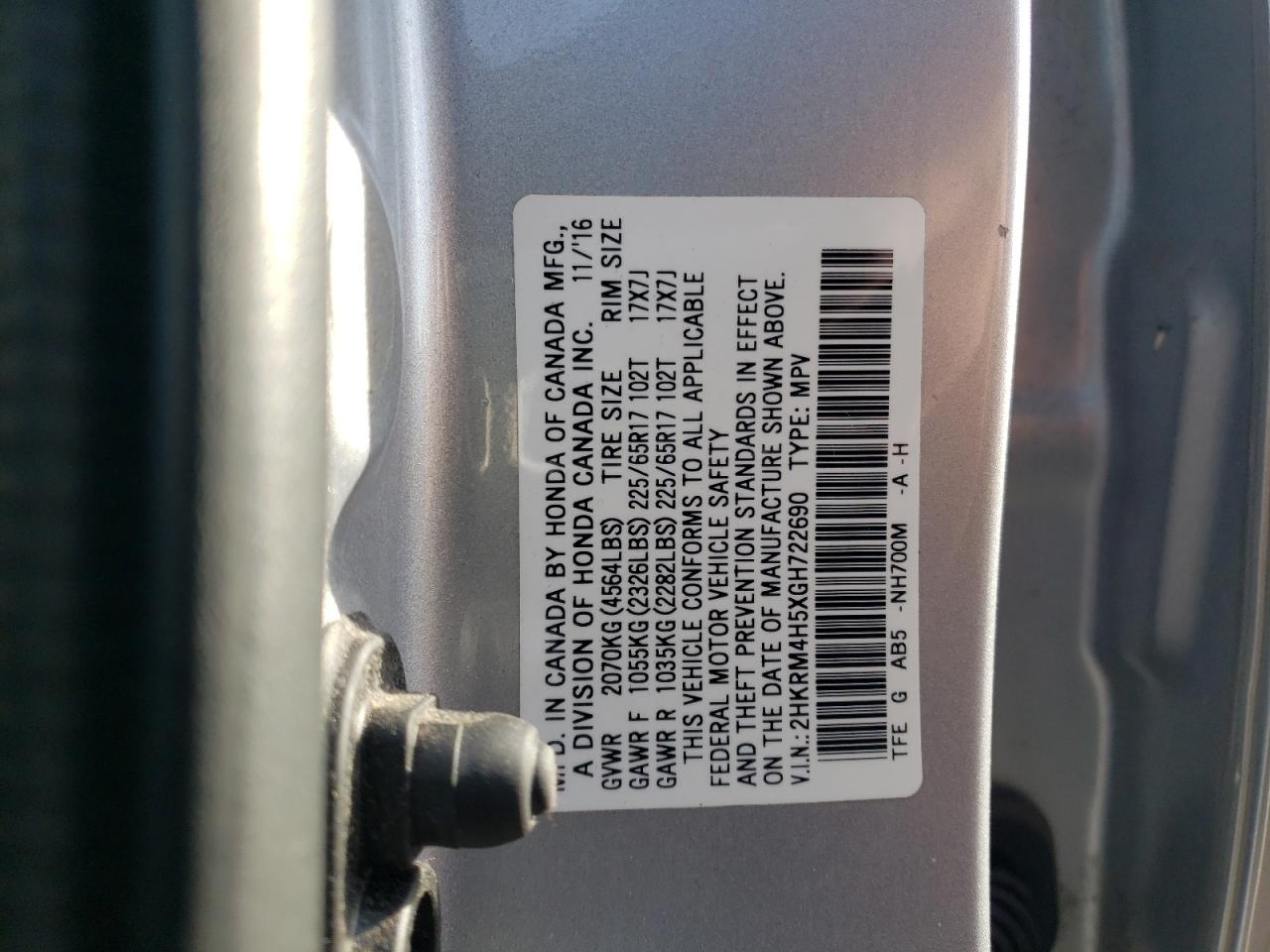 2016 Honda CR-V VIN 2HKRM4H5XGH722690 Copart auction photo, front end damage thumbnail 13