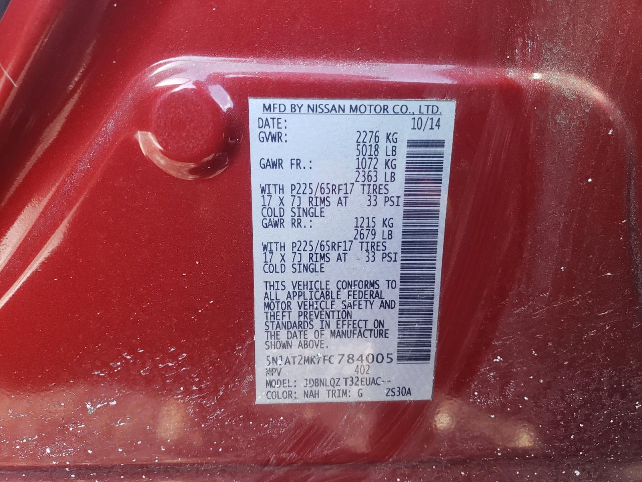 2015 Nissan Rogue VIN 5N1AT2MK7FC784005 Copart auction photo, front end / minor dent/scratches damage thumbnail 15